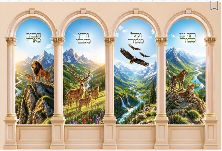 Twelve Tribes wildlife Sukkah mural with lions deer eagles and leopards