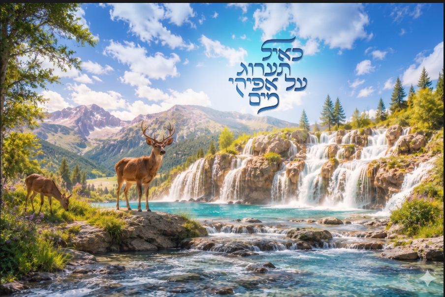 Scenic Sukkah poster with mountain waterfalls deer and Hebrew lettering