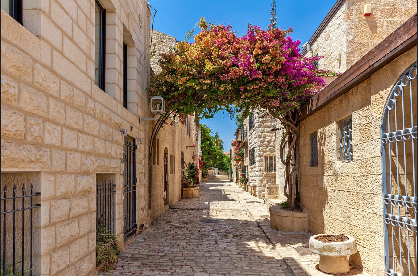 Jerusalem Sukkah poster of a stone alley and flowering arch