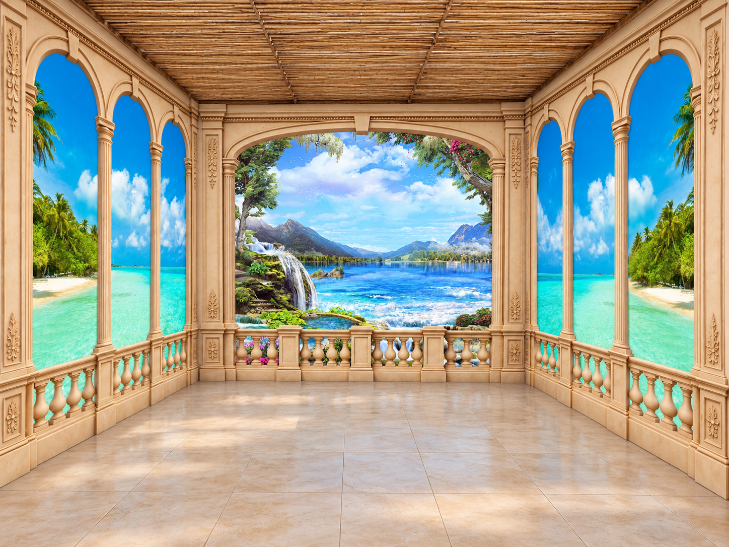 Tropical beach and waterfall scenery